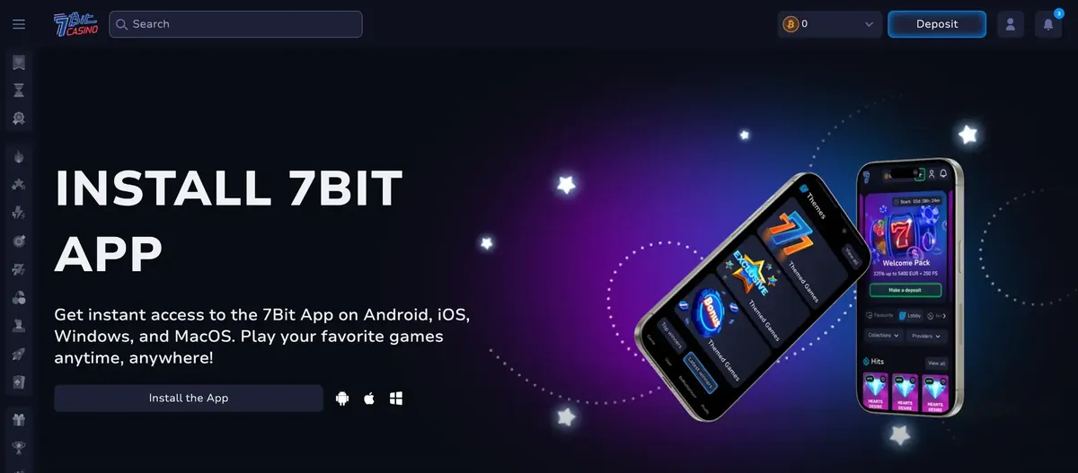 7Bit Casino app page with the Deposit button and wallet balance in the header