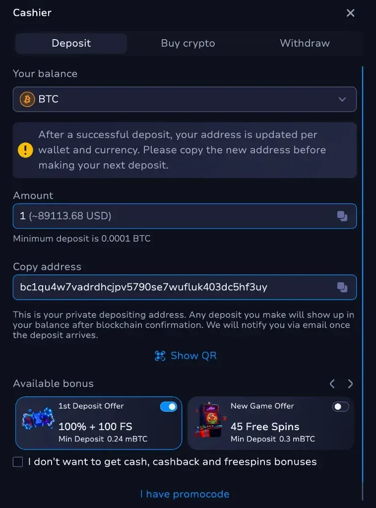 7Bit Casino cashier: Bitcoin deposit with minimum 0.0001 BTC