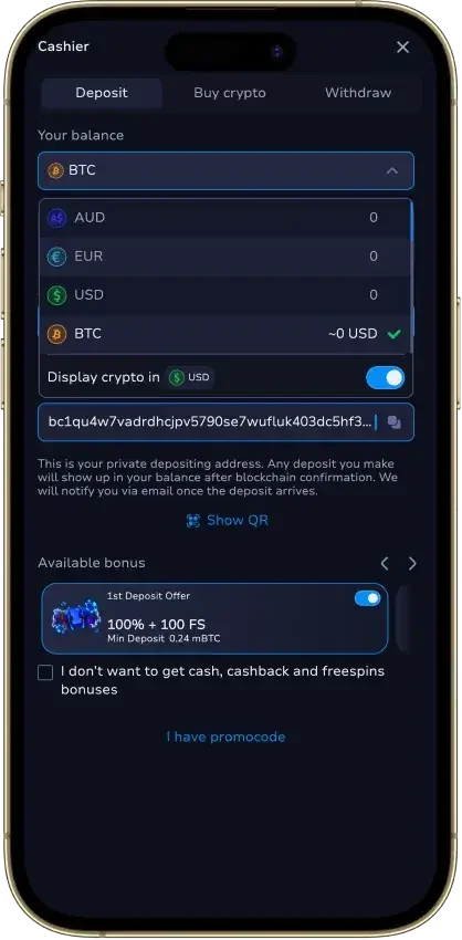 7Bit Casino mobile cashier: crypto deposit screen