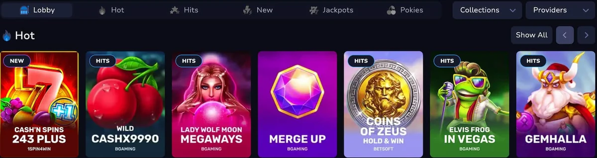 7Bit Casino lobby: Hot pokies row with Cash'n Spins 243 Plus, Wild Cash X9990 and Elvis Frog in Vegas