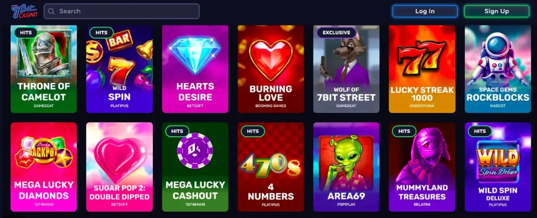 7Bit Casino pokies lobby with Throne of Camelot, Burning Love and Wild Spin Deluxe