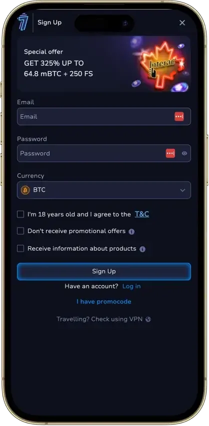7Bit Casino mobile sign-up form with the welcome offer