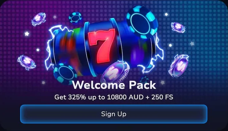 7Bit Casino welcome pack banner: 325% up to A$10,800 + 250 free spins